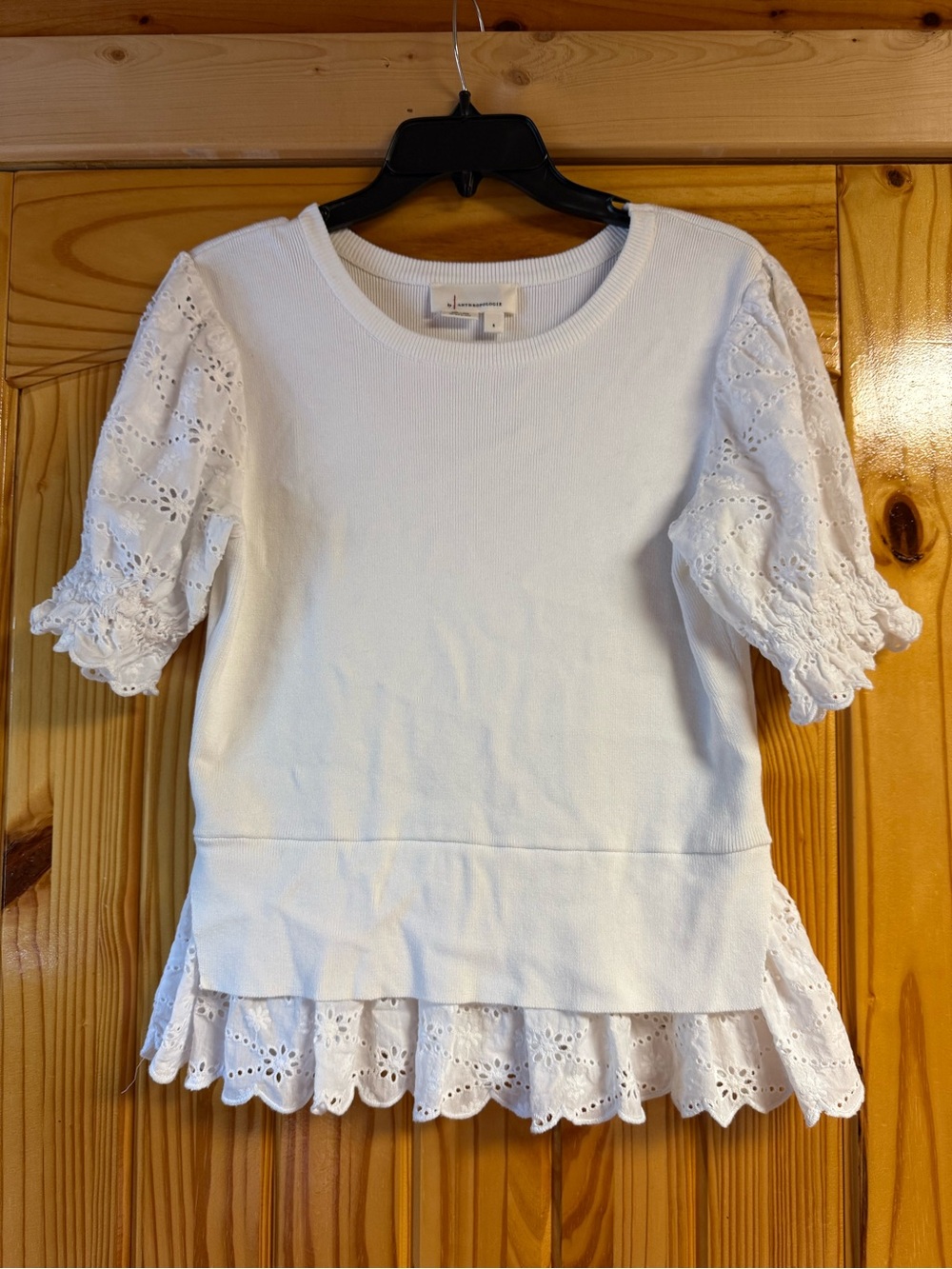 Women's White Eyelet Sleeve & Hem Knit Top